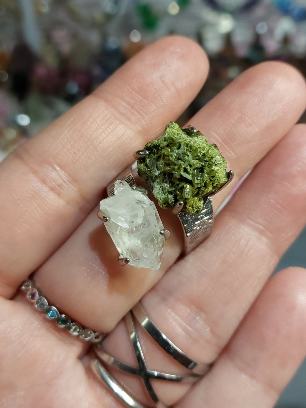 🪨⚒️ Epidote Quartz Cluster Specimen Adjustable Ring